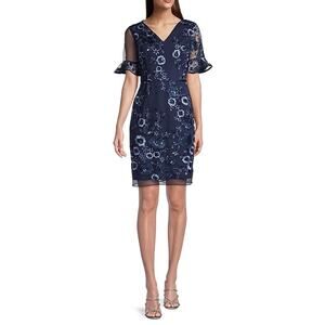 Shani Floral Embellished Sheath Dress US 6 Navy Blue NWOT